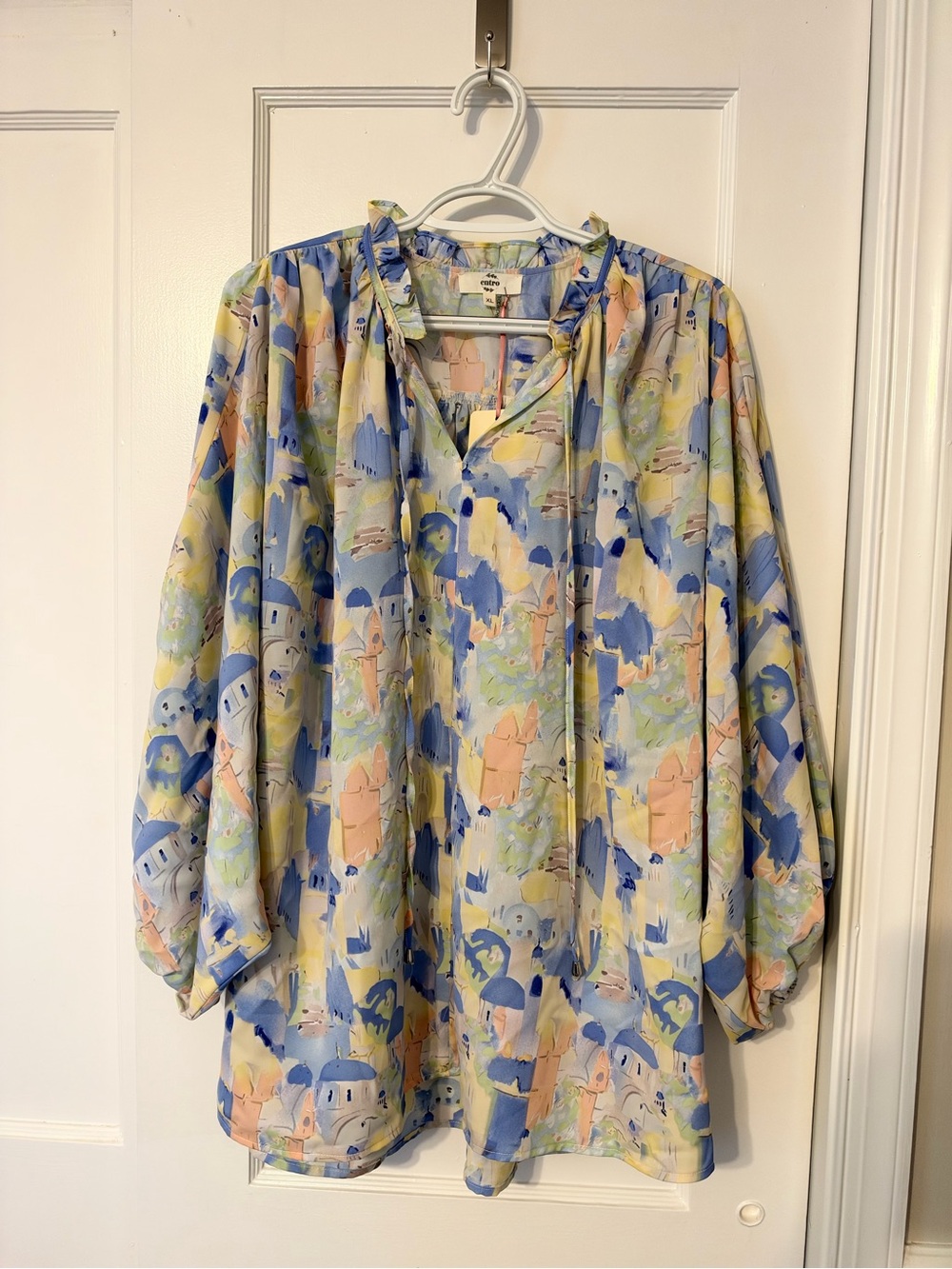 entro Pastel Watercolor Tie-Neck Blouse - Blue, Peach, Yellow - NWT